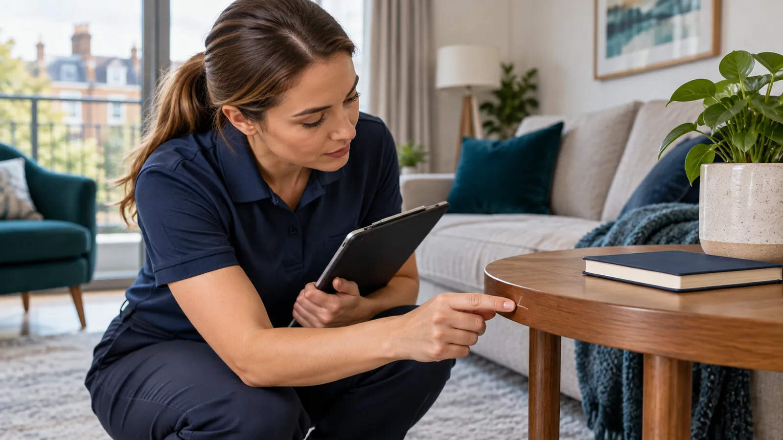 A professional inspecting a small scuff on an apartment side table beside a plain notebook
