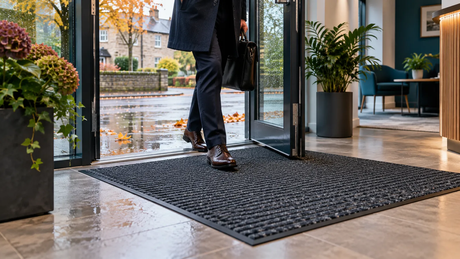 A contemporary small UK office entrance on a rainy autumn day with effective entrance matting