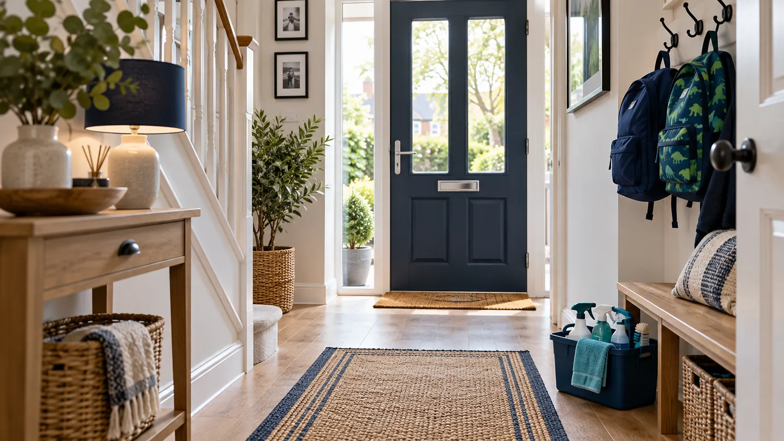 A tidy British family hallway with school bags on hooks and a small cleaning caddy
