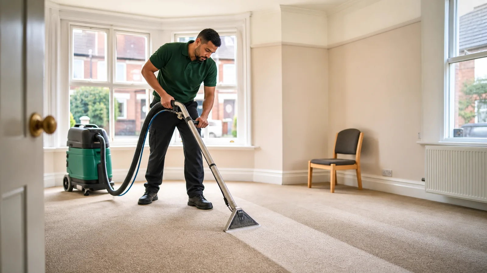 A technician extraction-cleaning carpet in an empty rental living room