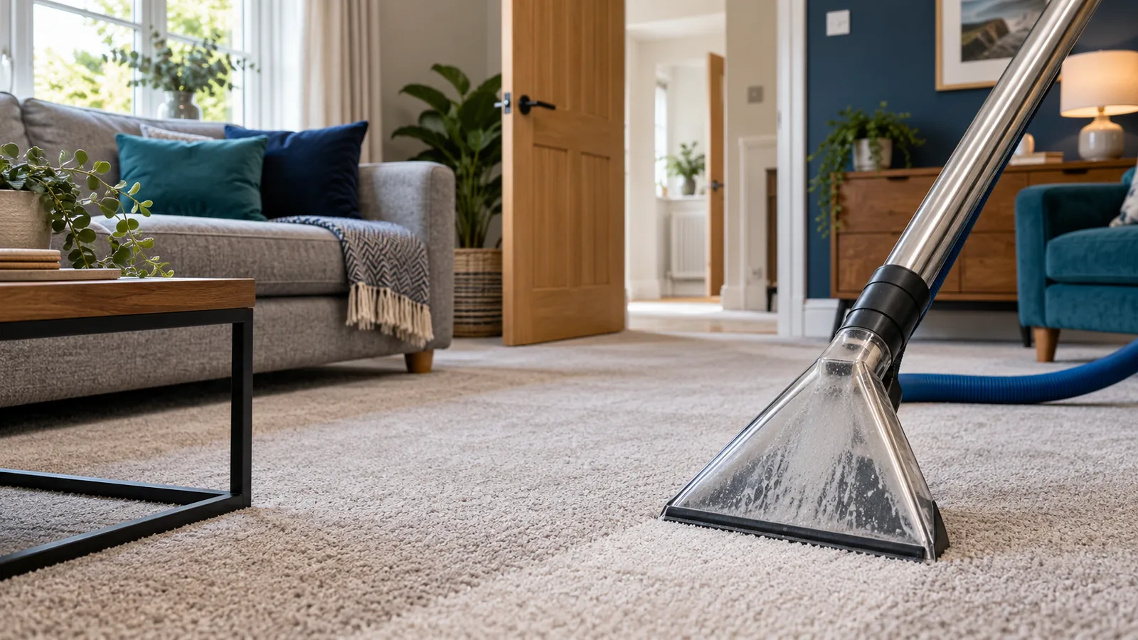 A clean carpeted UK lounge with a carpet extraction tool in the foreground and open internal door
