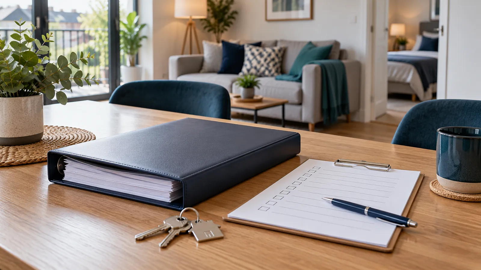 A property manager's organised handover folder, keys and plain room checklist on a clean apartment dining table