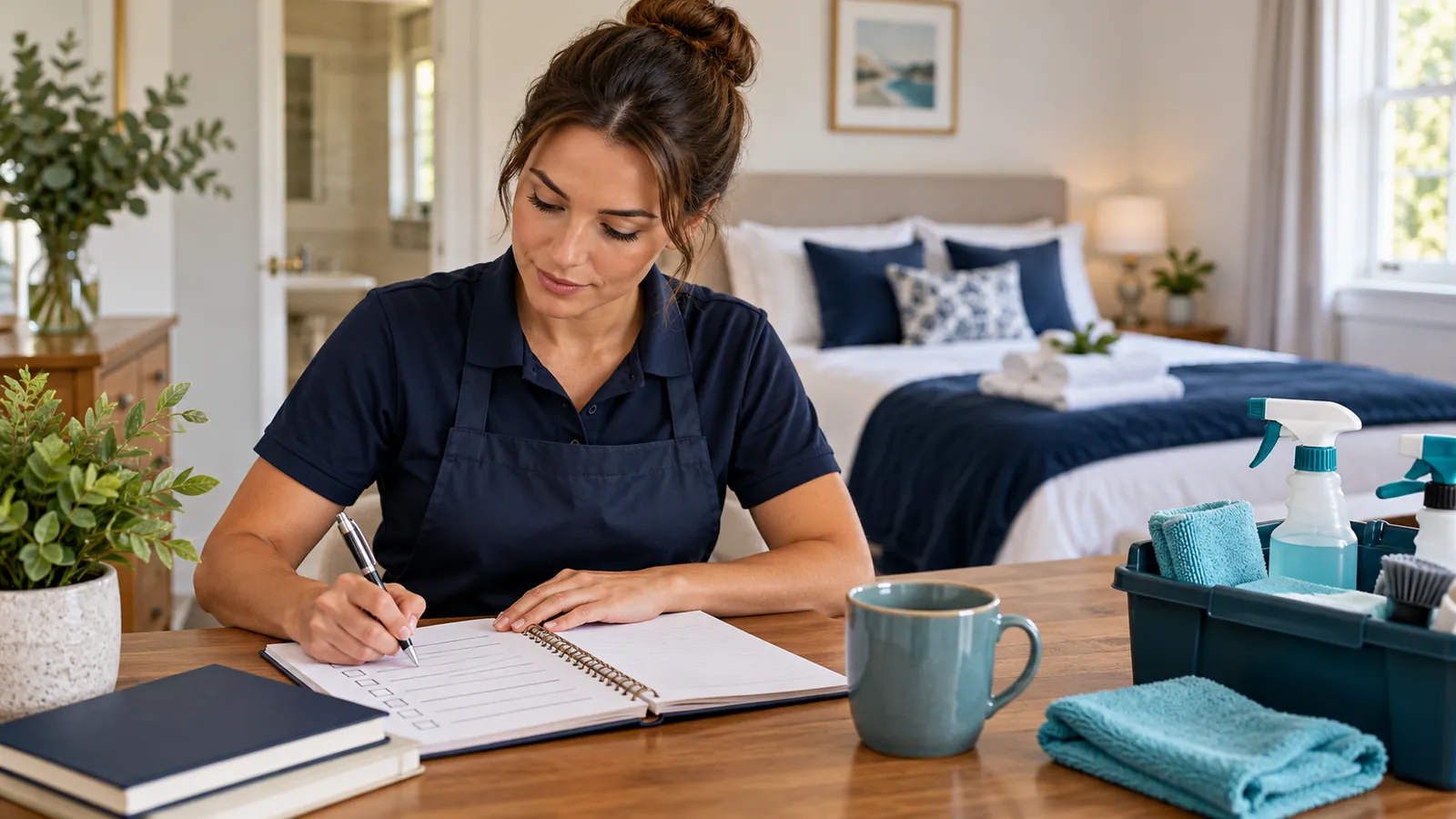 An organised cleaning supervisor planning a room checklist at a tidy desk with neutral unmarked stationery