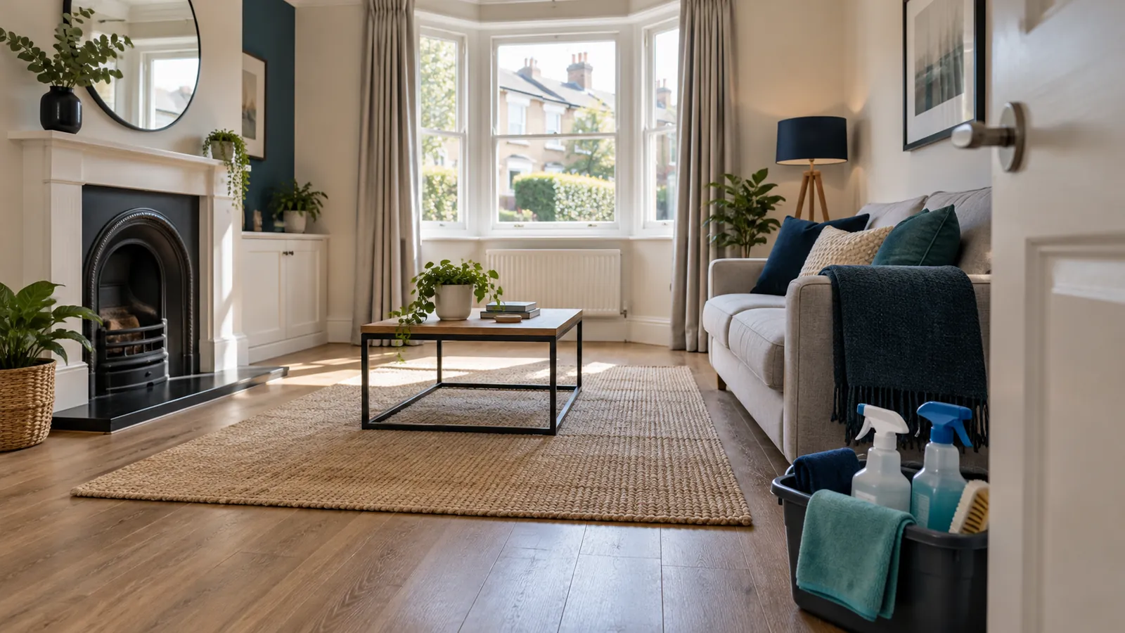 An empty UK rental living room ready for inspection with cleaning supplies near the doorway