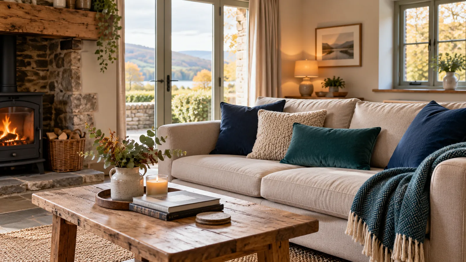 A peaceful holiday cottage lounge with autumn light and a neatly arranged sofa
