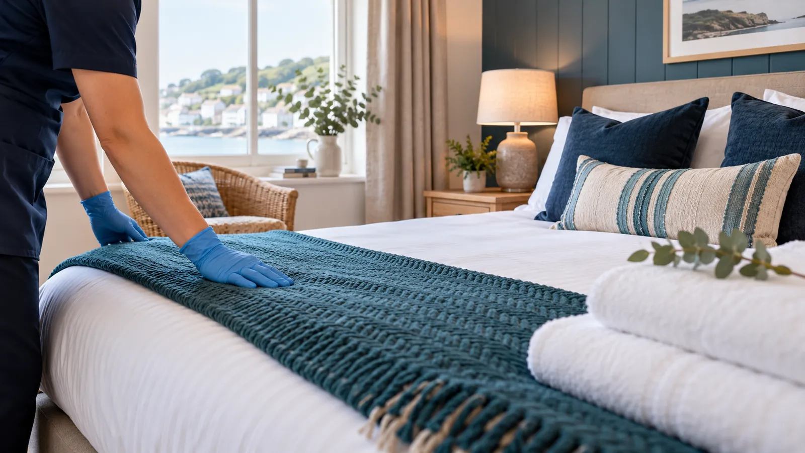 A gloved cleaner inspecting the finish of a neatly made holiday-let bedroom