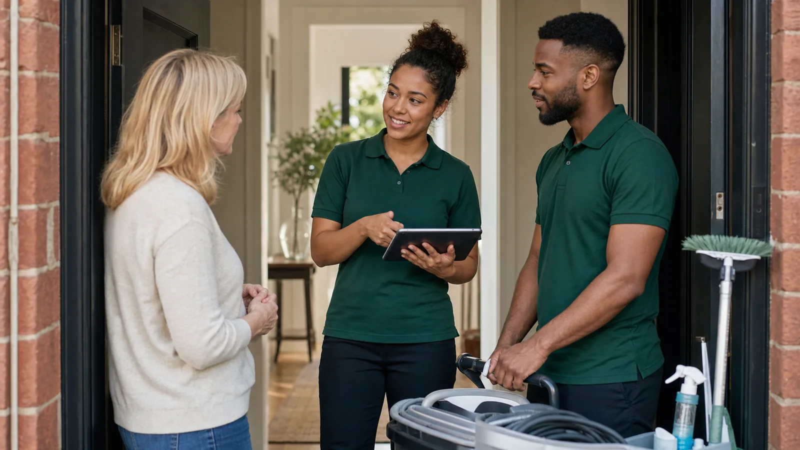 A homeowner discussing the cleaning scope with a professional team