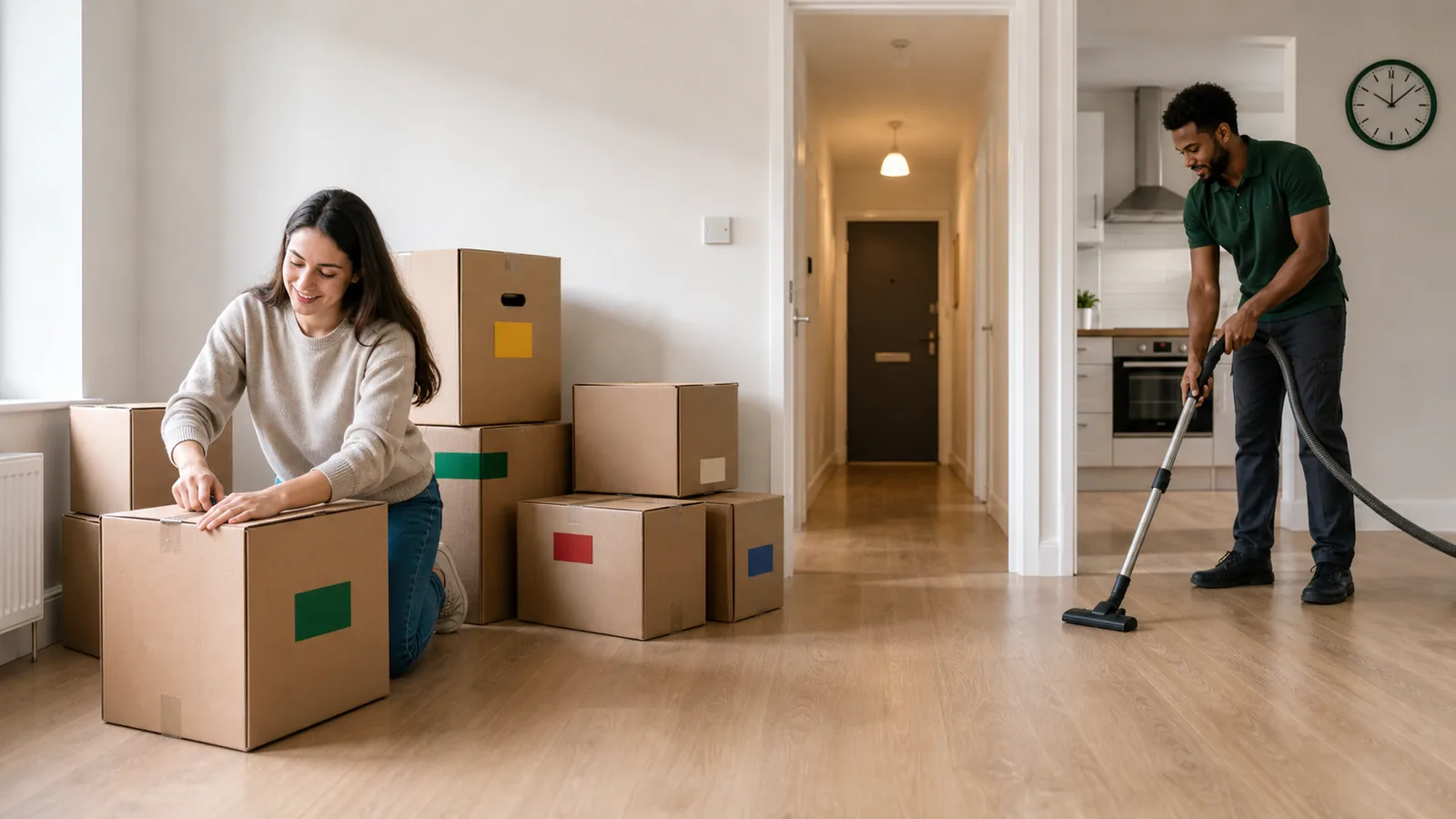 A tenant packing boxes while a cleaner vacuums the cleared rental flat