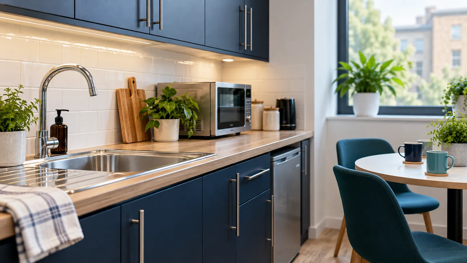 A spotless modest UK office kitchenette with clean sink, microwave and staff mugs