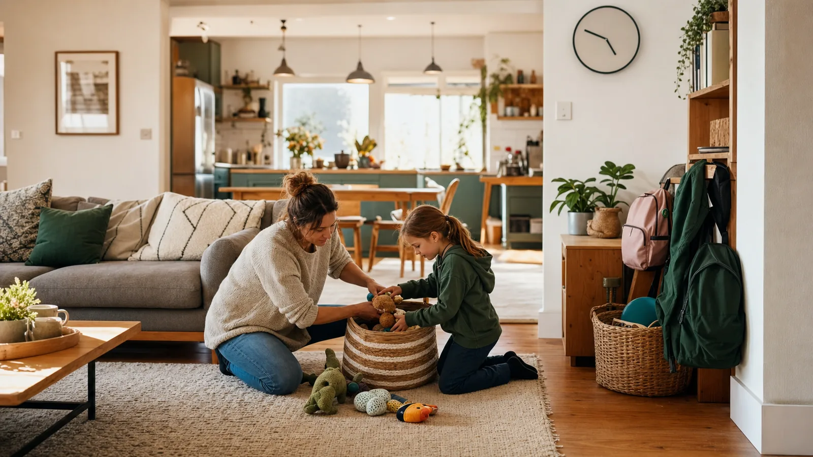 A parent and child completing a quick living-room tidy together