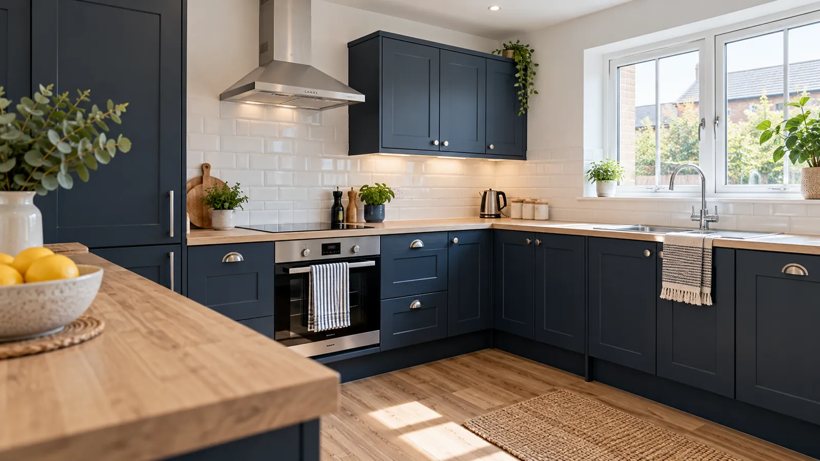 A bright empty rental kitchen with clean oven, sink and cupboards