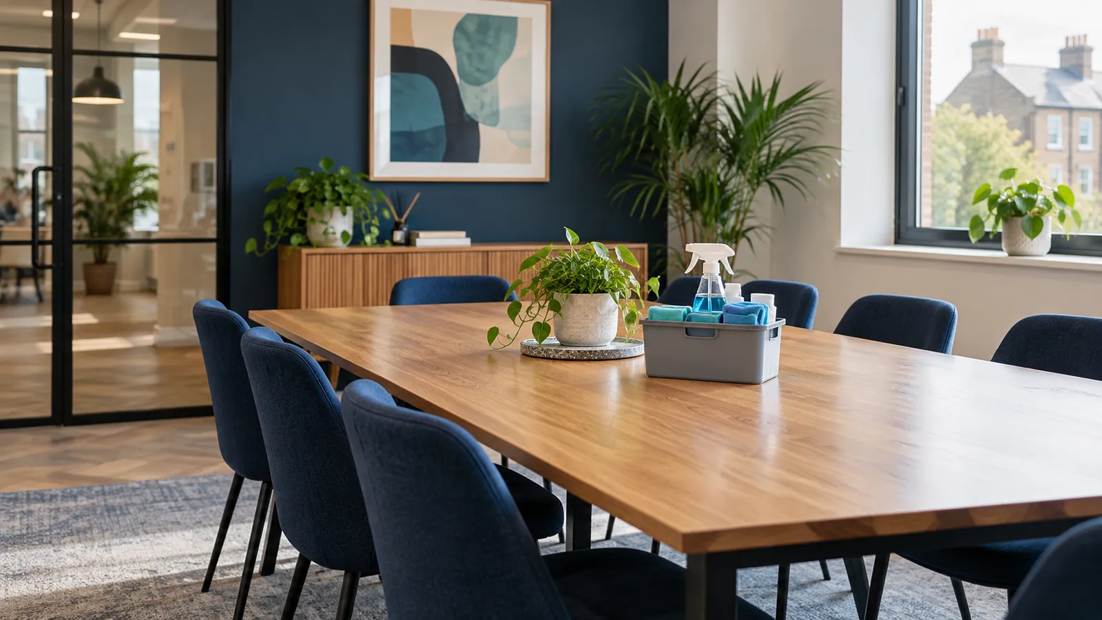 A tidy shared office meeting room with clean table and chairs and a small cleaning caddy