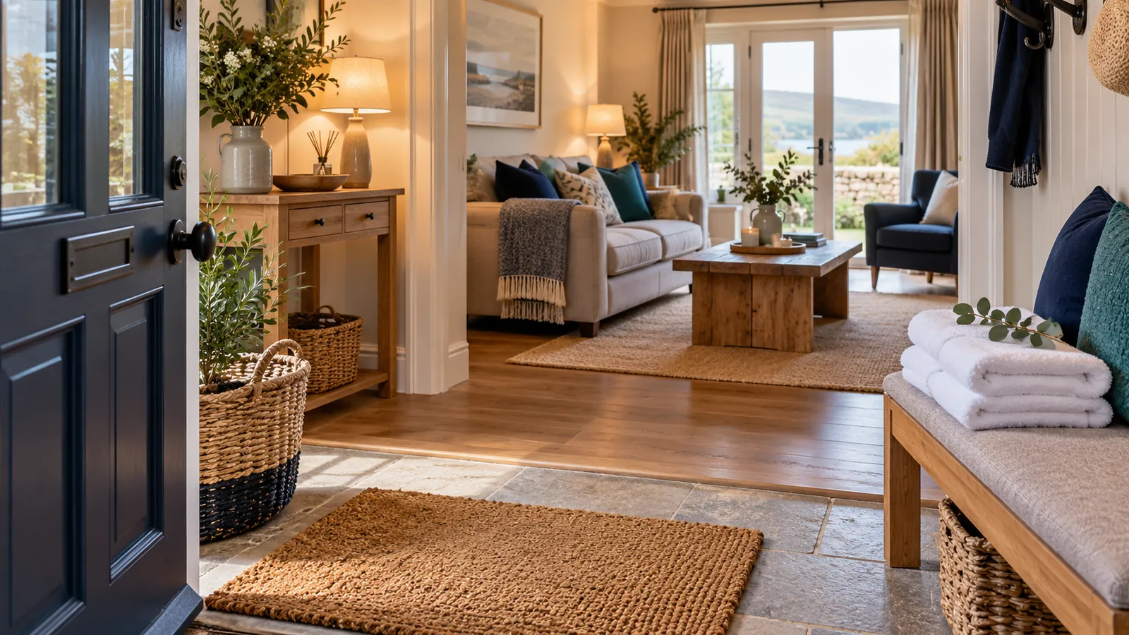 A welcoming UK holiday-let entrance and lounge with warm lighting, clean mats and folded guest towels